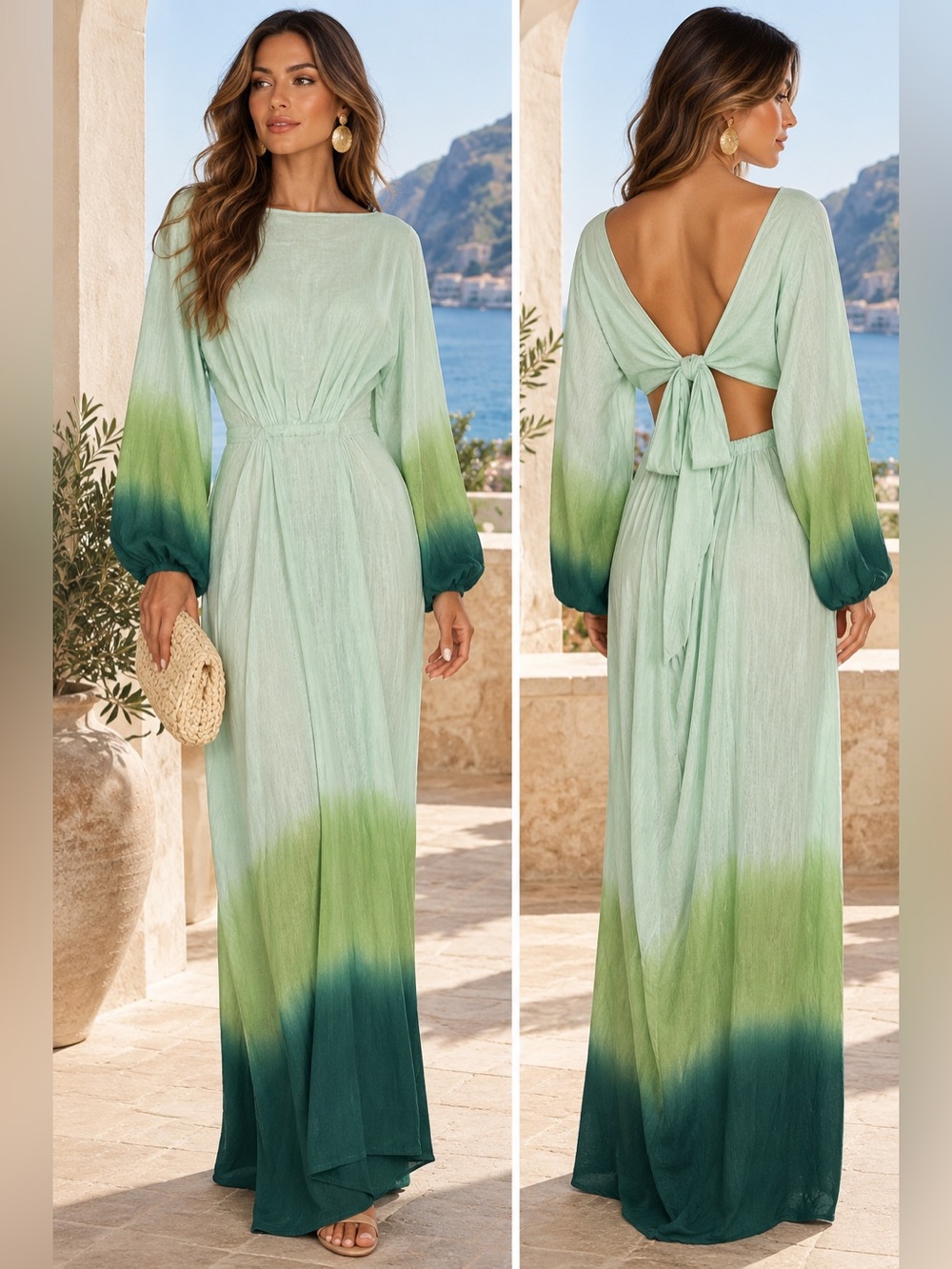 NWOT! YFB Open-Back Ombre Maxi Dress in Mint and Forest Green